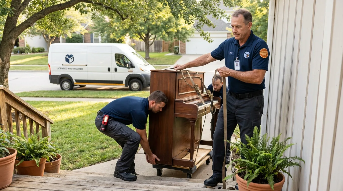 Licensed piano movers securing grand piano in Toa Baja, PR