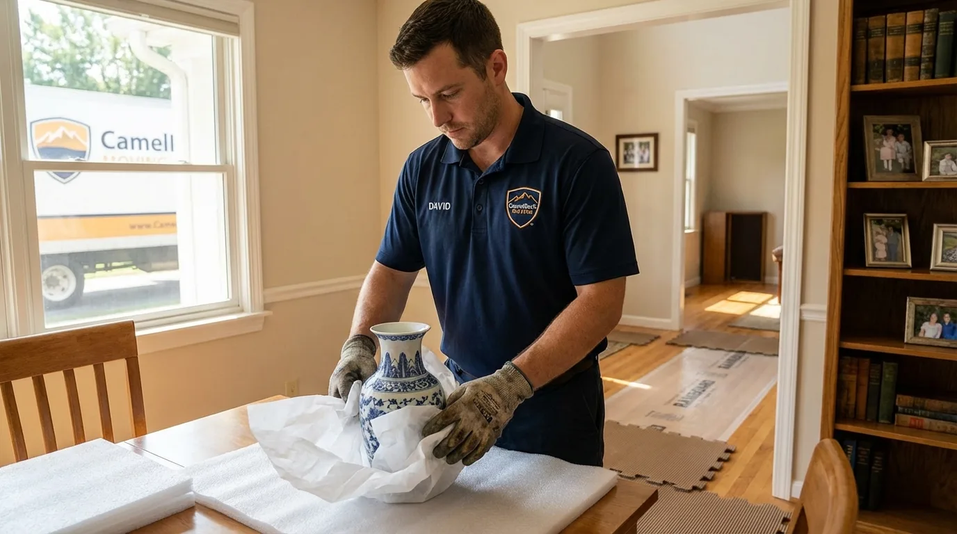 Professional crew carefully wrapping antique vase for senior downsizing move in Toa Baja, PR